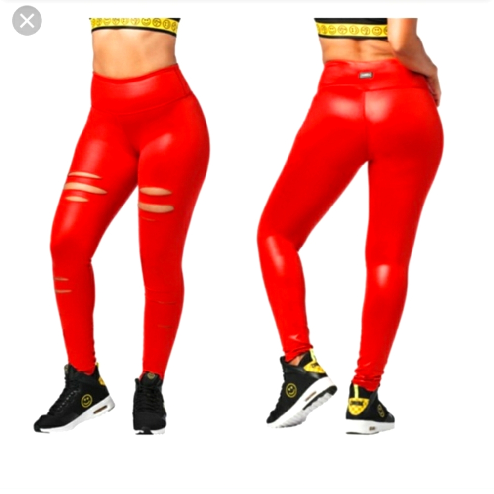 Zumba Red High Waist Slashed Leggings sz Medium or Small Spicy Faux Leather Look
